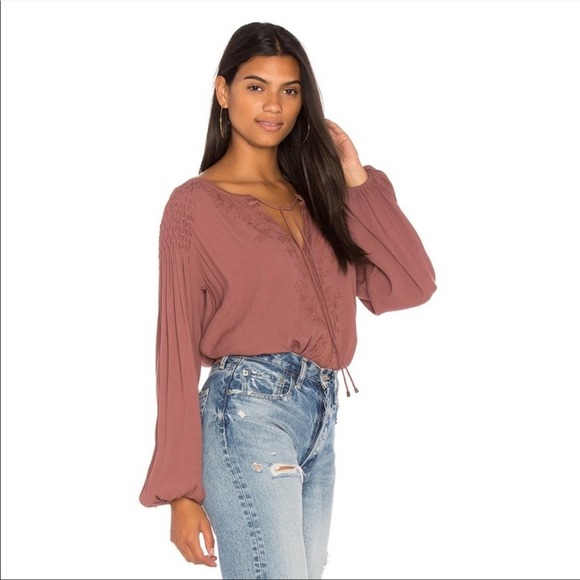 ASTR the Label Mauve Claudine Peasant Blouse Long Sleeve Tie Front Embroidered - Picture 2 of 11